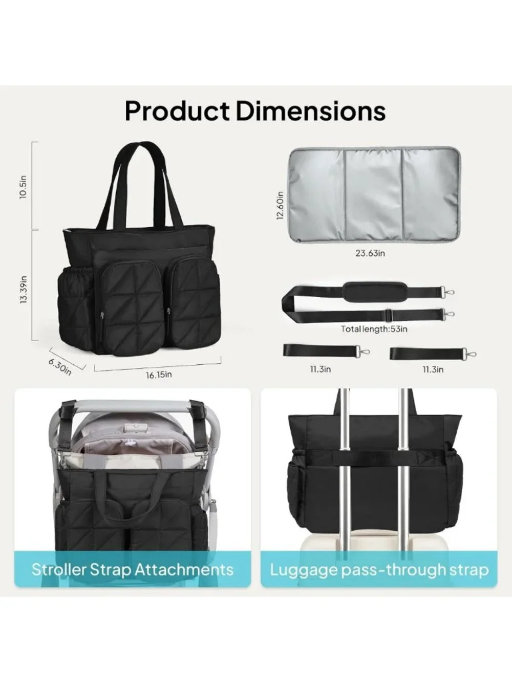 Quilted Puffer Diaper Bag Tote, Lightweight Baby Bag with Insulated Pockets